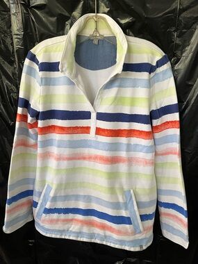 Talbots White Pullover V-Neck Sweater with Blue, Navy, Red and Lime Stripes